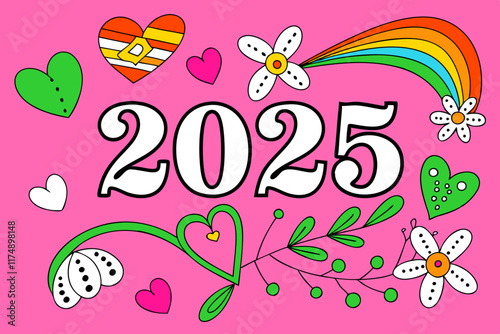 2025 New Year Design: Hearts, Flowers, Rainbow.