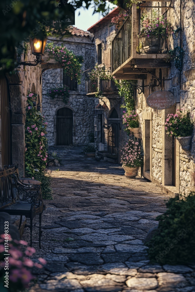 Obraz premium Sun-Drenched Stone Street: A picturesque cobblestone alleyway in a charming European village, bathed in warm sunlight. Flowers bloom in window boxes, adding to the idyllic ambiance. 