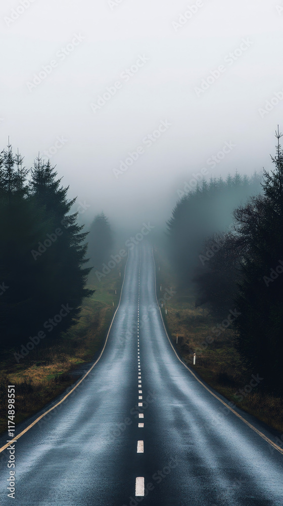 lonely, wet road disappears into thick fog, flanked by dark evergreen trees. The moody atmosphere captures the quiet, mysterious essence of a misty morning in a remote forested area