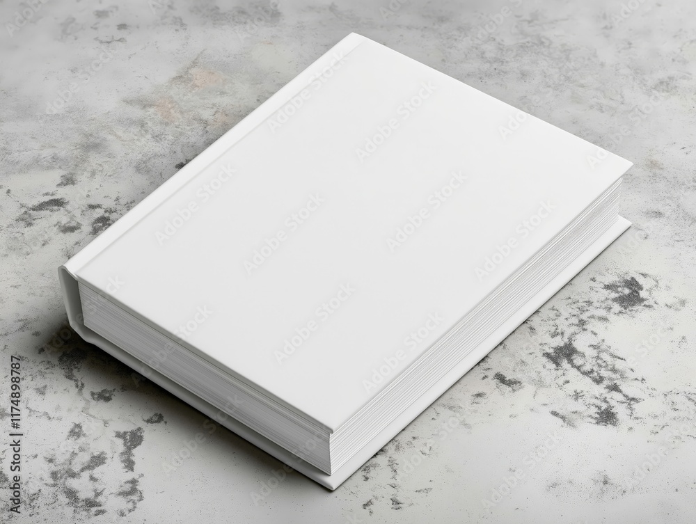 Fototapeta premium A minimalistic hardcover book with a plain white textured cover, resting on a marbled surface, ideal for branding or publishing concepts