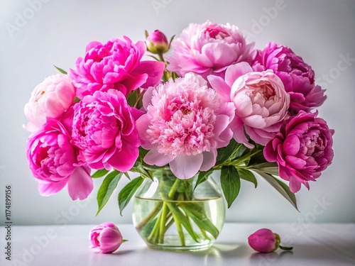 Lush Pink Peony Bouquet in Vase, Close-up Floral Still Life, White Background, Copy Space