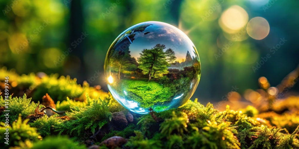 Glass Earth Sphere on Lush Moss: Macro Aerial View, Interconnected Nature Glass Earth Sphere on Lush Moss: Macro Aerial View, Interconnected Nature
