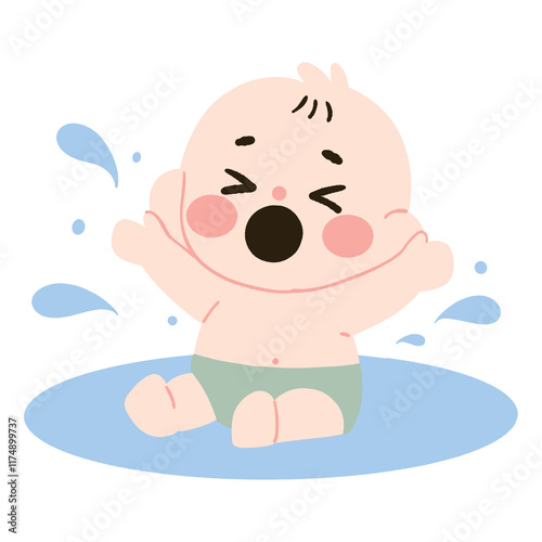 Upset Baby Crying in Water Adorable Infant in Diaper Splashing Sad Child Illustration