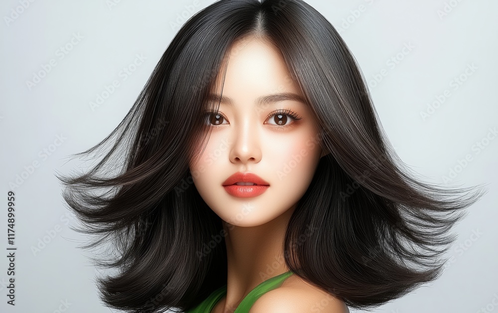 Woman with long hair and a red lipstick. She is wearing a green shirt. The image has a bright and lively mood Woman with long hair and a red lipstick. She is wearing a green shirt. The image has a bright and lively mood
