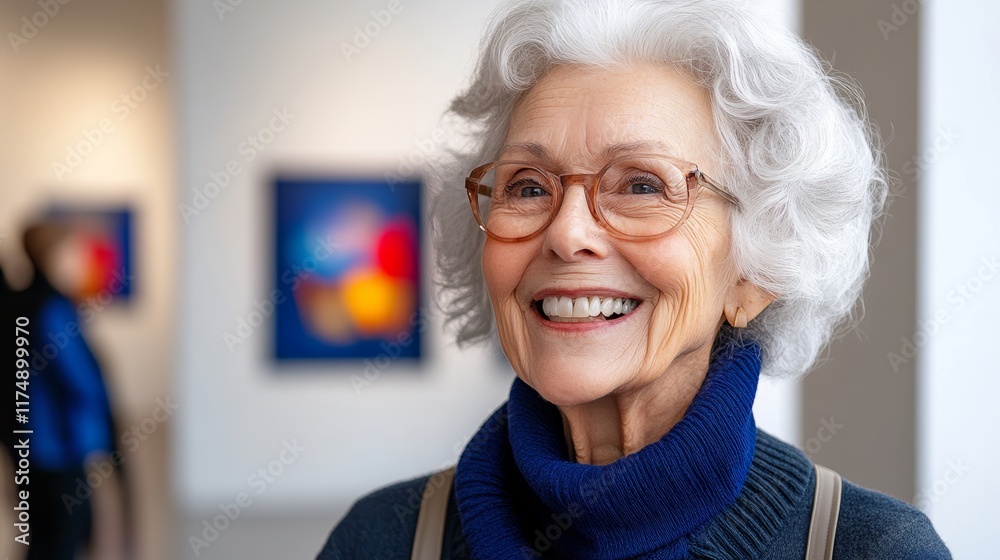 Woman with glasses and a blue sweater is smiling at the camera. She is in a room with paintings on the walls Woman with glasses and a blue sweater is smiling at the camera. She is in a room with paintings on the walls