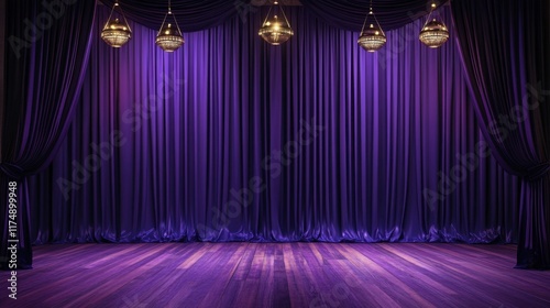 A glamorous stage setting with deep purple curtains, vintage pendant lighting, and warm-toned wooden floors.