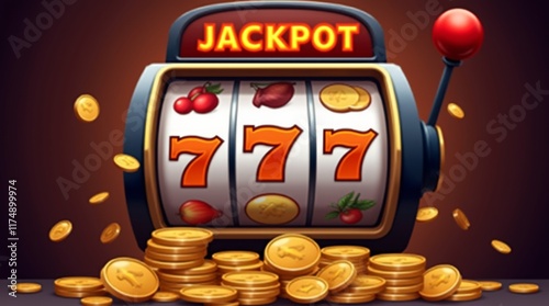 Slot Machine Jackpot: A slot machine displaying a winning combination, coins and lights celebrating the jackpot.