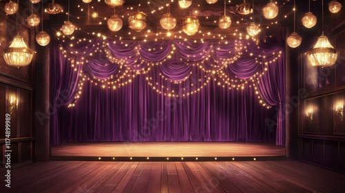 A glamorous stage setting with deep purple curtains, vintage pendant lighting, and warm-toned wooden floors.