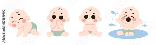 Adorable Baby Illustrations Crawling Sitting Happy and Crying in Diapers