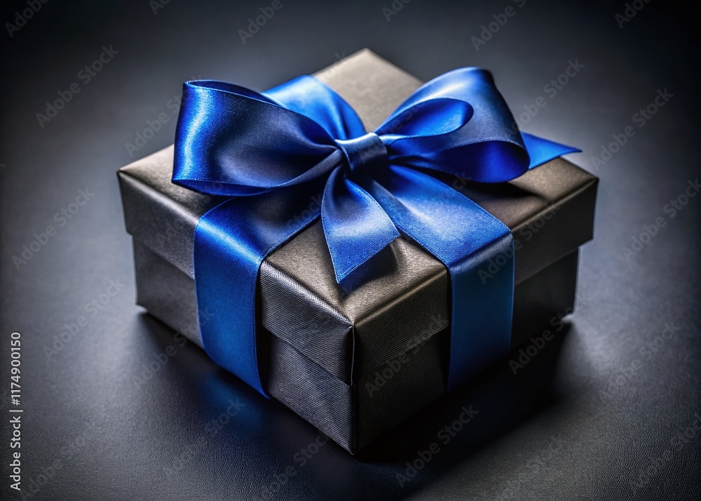 Fototapeta premium Luxurious Black Gift Box with Silky Blue Ribbon Bow - Elegant Dark Background