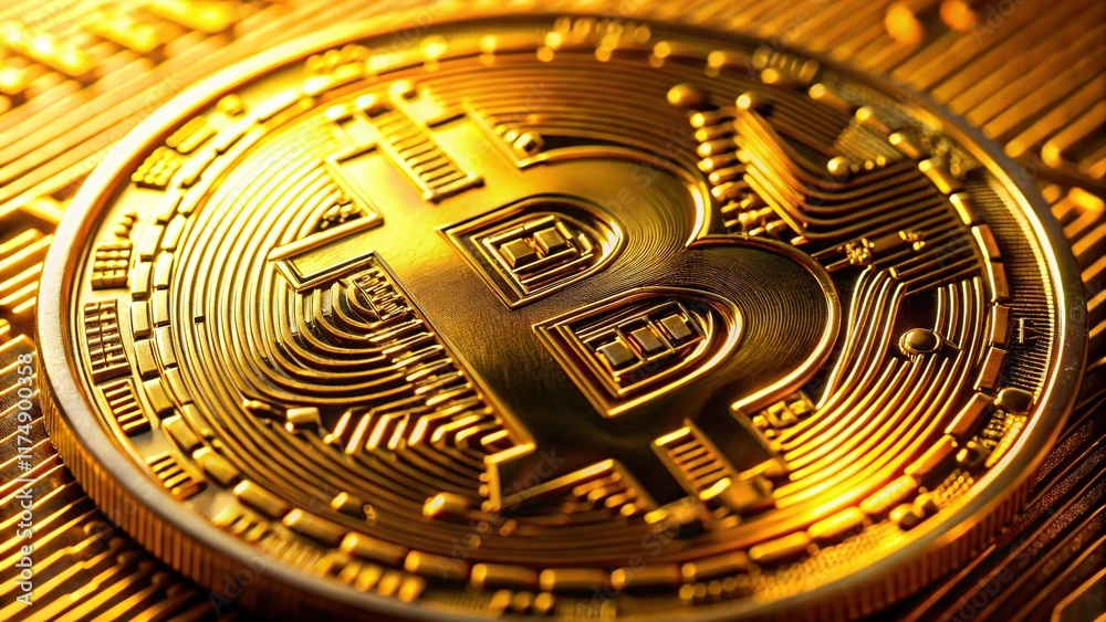 Golden Bitcoin Macro Close-up: Crypto Currency Growth & E-commerce Golden Bitcoin Macro Close-up: Crypto Currency Growth & E-commerce