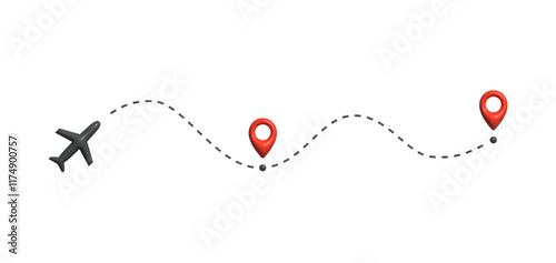 Airplane flying along a dashed line route between two red location pins. Represents travel, navigation, journey planning, tourism, aviation. Minimalist vector illustration.