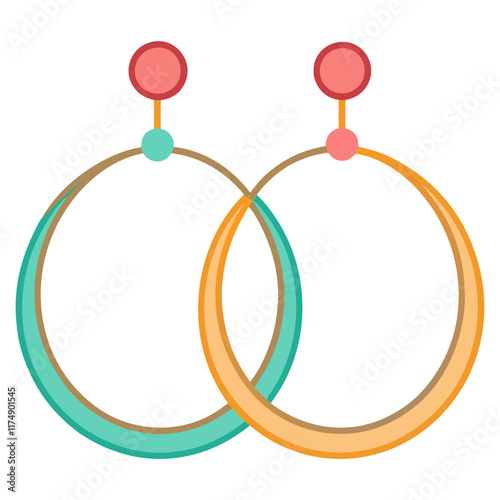 Teal and Orange Hoop Earrings with Studs, Flat vector illustration of teal and orange hoop earrings featuring red stud tops, perfect for modern jewelry and fashion concepts. 
