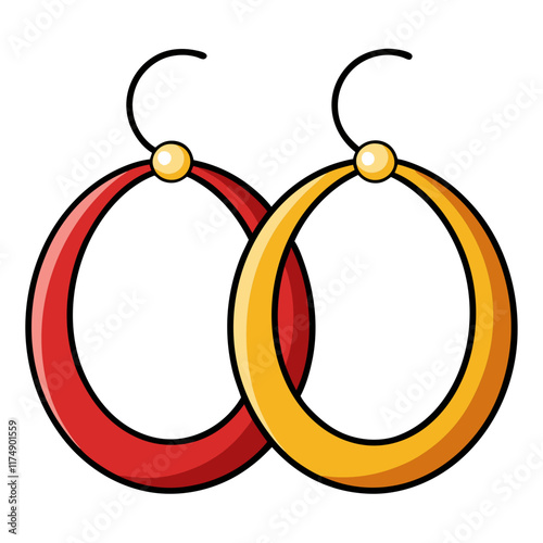 Red and Yellow Hoop Earrings with Hooks, Flat vector illustration of red and yellow hoop earrings featuring hooks and a glossy design, perfect for fashion and accessory themes. 
