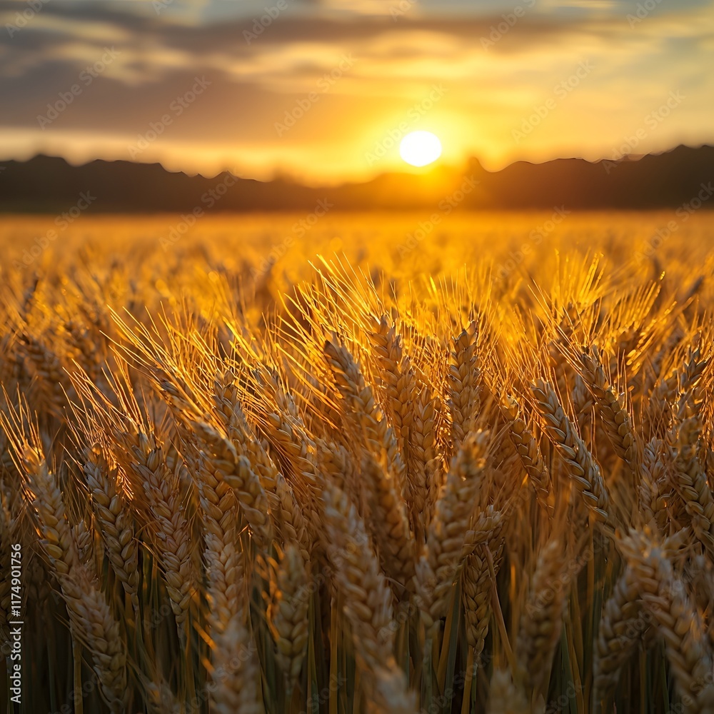Tranquil Wheat Field Bathed in Warm Sunset Glow with Swaying Stalks Tranquil Wheat Field Bathed in Warm Sunset Glow with Swaying Stalks