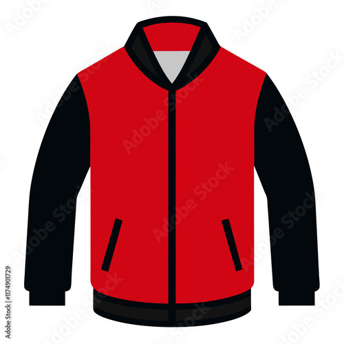 Red and Black Varsity Style Jacket, Flat vector illustration of a red and black varsity-style jacket with front pockets, ideal for casual or sporty fashion concepts. 
