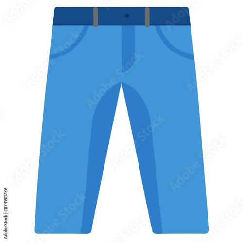 Blue Pants with Dark Belt Detail, Flat vector illustration of blue pants featuring a dark waistband with belt loops, ideal for casual fashion and clothing designs. 

