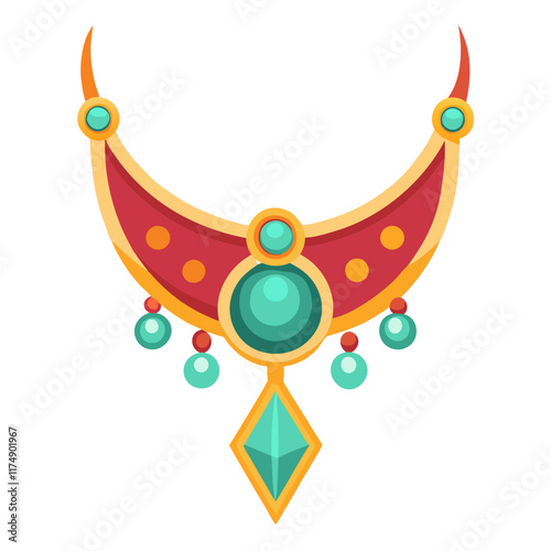 Elegant Red and Gold Necklace with Teal Gems, Flat vector illustration of an elegant necklace featuring a red and gold design, teal gemstones, and intricate bead detailing. 
