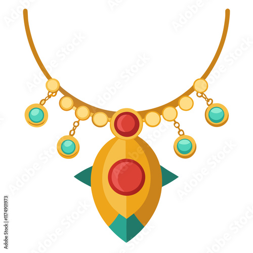 Ornate Gold Necklace with Red and Teal Accents, Flat vector illustration of an ornate gold necklace featuring decorative red and teal gemstones and hanging bead details. 
