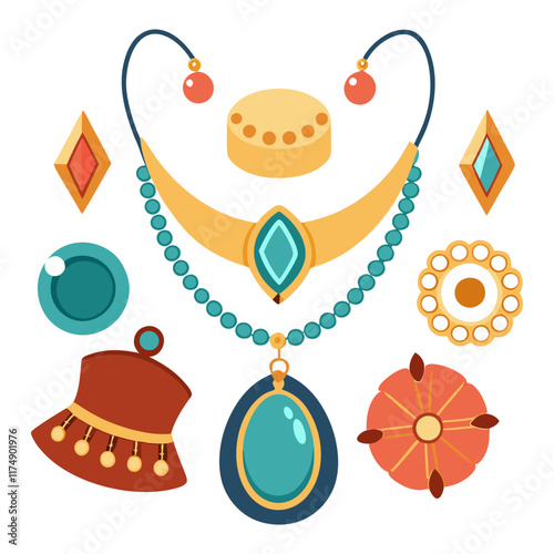 Elegant Jewelry Set with Necklace and Earrings, Flat vector illustration of an elegant jewelry set featuring a beaded necklace with a teal pendant, earrings, and ornamental accents. 
