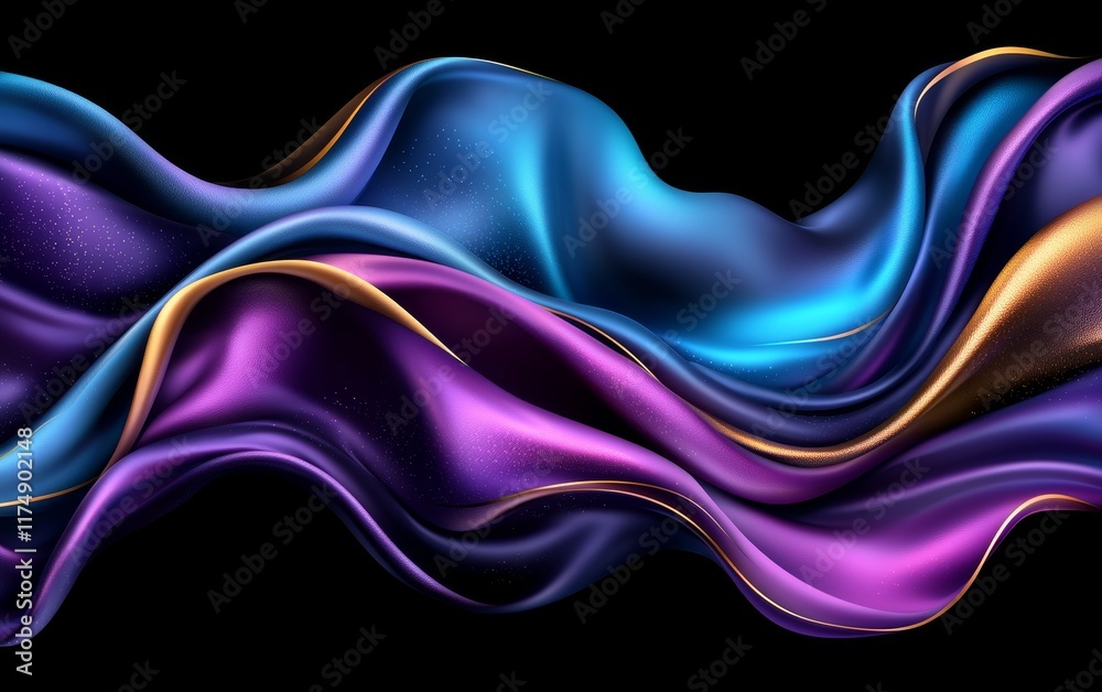 Fototapeta premium Abstract Swirling Purple Blue and Gold Fabric Luxurious Elegant Dynamic Textile Design