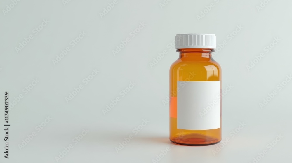 Empty amber prescription bottle with a white label on a minimalist background, ideal for healthcare, pharmacy, or medical themes in stock imagery. Empty amber prescription bottle with a white label on a minimalist background, ideal for healthcare, pharmacy, or medical themes in stock imagery.