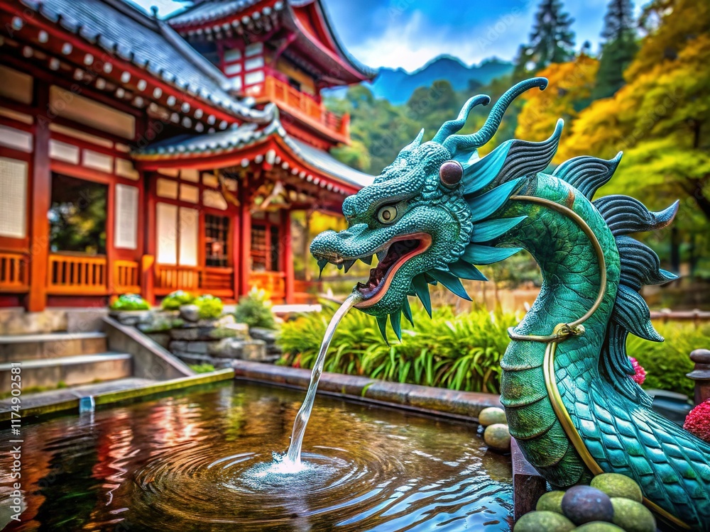 Fototapeta premium Hakone Shinto Shrine Dragon Fountain: Serene Japanese Garden Water Feature