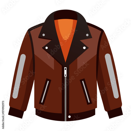 Brown Leather Jacket with Silver Accents, Vector illustration of a brown leather jacket featuring silver sleeve accents, an orange inner lining, and a bold lapel design, ideal for edgy fashion. 
