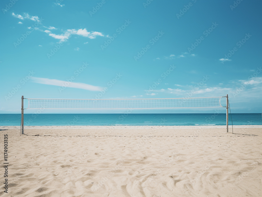 A deserted beach volleyball court along the shore waiting for a game to start A deserted beach volleyball court along the shore waiting for a game to start
