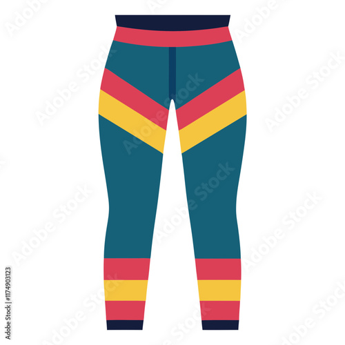 Teal Leggings with Colorful Chevron Design, Vector illustration of teal leggings featuring bold red, yellow, and pink chevron patterns, perfect for athletic, casual, and trendy fashion. 

