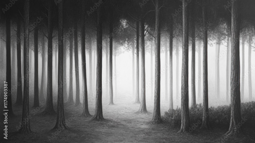 Naklejka premium Monochrome forest path disappearing into foggy light.