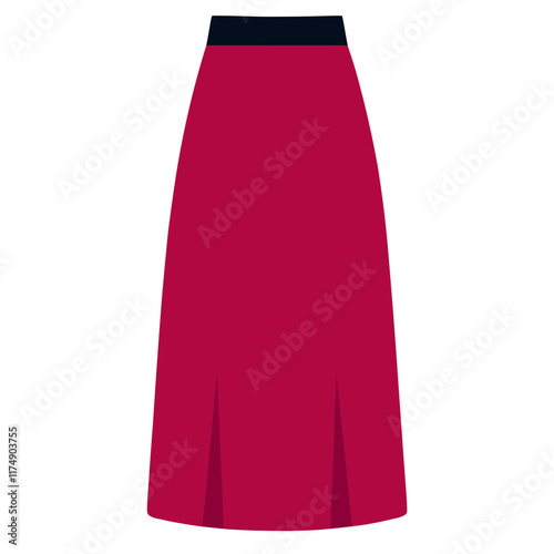 Red Midi Skirt with Black Waistband, Minimalist vector illustration of a red midi skirt featuring a black waistband and subtle pleat details, perfect for fashion designs. 
