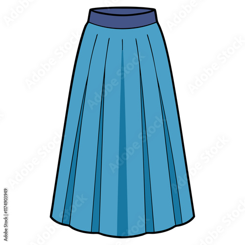 Blue Pleated Skirt Vector Illustration, Simple and clean vector illustration of a blue pleated skirt with a dark waistband, perfect for fashion and apparel designs. 
