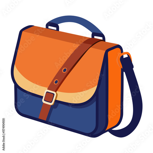 Orange and Blue Satchel Bag with Buckle Strap, Vector illustration of an orange and blue satchel bag featuring a buckle strap closure, top handle, and adjustable shoulder strap, perfect for stylish an