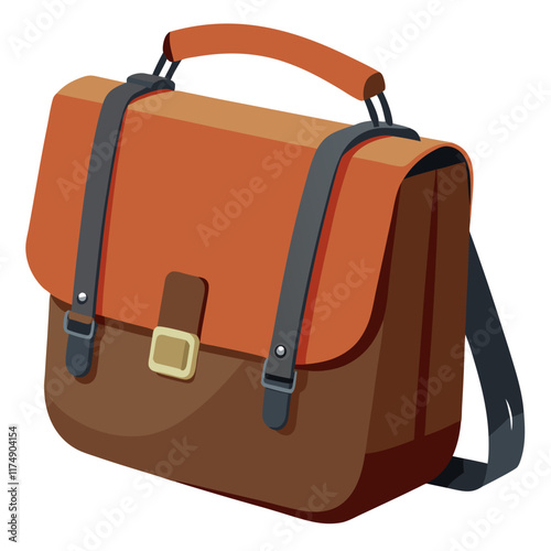 Brown Leather Satchel Bag with Adjustable Straps, Vector illustration of a brown leather satchel bag featuring a buckle closure, top handle, and adjustable shoulder straps, perfect for modern and prac
