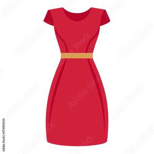 Red Fitted Dress with Yellow Belt, Vector illustration of a red fitted dress featuring capped sleeves and a yellow belt, combining elegance and modern minimalist style.  
