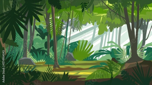Lush tropical forest illustration with towering trees, dense foliage, and dappled sunlight on the ground