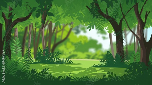 Lush tropical forest illustration with towering trees, dense foliage, and dappled sunlight on the ground