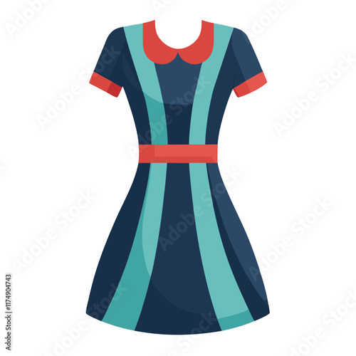 Striped Navy Dress with Red Collar Accent, Vector illustration of a navy blue dress featuring teal stripes, a red collar, and waistband, combining elegance with modern style. 
