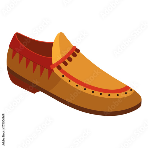 Brown and Tan Loafer with Red Accents, Vector illustration of a stylish loafer in brown and tan tones, featuring red fringe details, decorative stitching, and a sleek design.  
