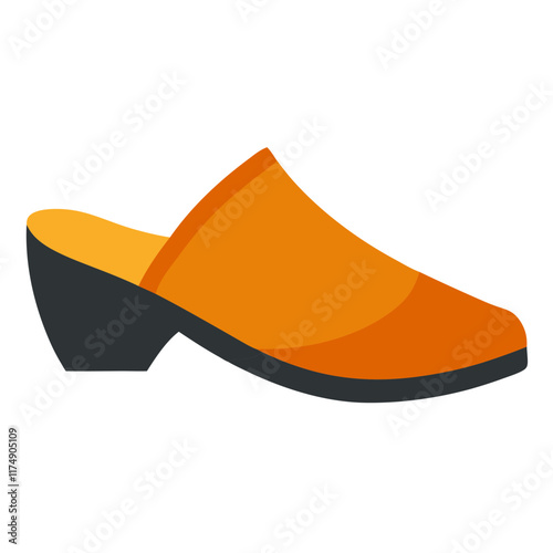Orange Mule Shoe with Black Heel Design, Vector illustration of a modern orange mule shoe featuring a sleek design with a black low heel, stylish and versatile footwear.  

