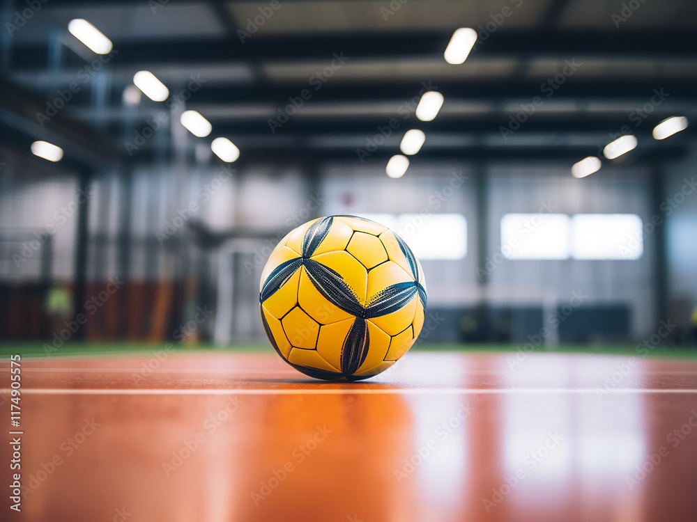 Futsal ball and defocused goal in a gym on an indoor soccer court Futsal ball and defocused goal in a gym on an indoor soccer court