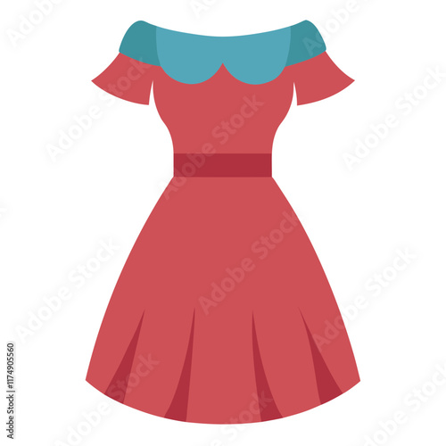 Elegant Red Dress with Blue Collar,  Vector illustration of a stylish red dress with a pleated skirt and blue scalloped off-shoulder collar, ideal for fashion designs.  
