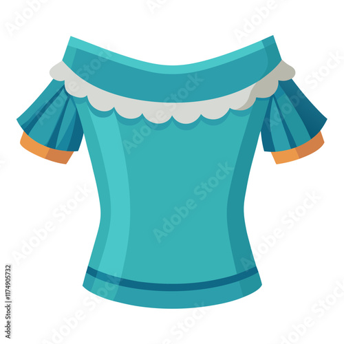 Teal off-shoulder top with scalloped trim-Flat vector illustration of a teal off-shoulder top featuring a white scalloped neckline, flared sleeves, and orange accents for a stylish look.
