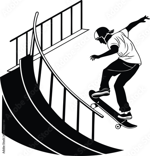 A skateboarder performing a trick on a ramp vector, A skateboarder performing a trick on a ramp silhouette vector illustration, A skateboarder performing a trick on a ramp line art