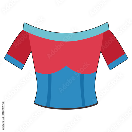 Red and blue off-shoulder crop top illustration-Flat vector illustration of a red and blue off-shoulder crop top featuring a teal neckline, short sleeves, and a stylish fitted design.
