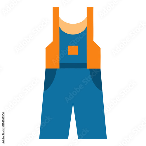 Blue overalls with orange straps and pocket-Flat vector illustration of blue overalls featuring bright orange straps, a matching chest pocket, and a functional design for casual wear.
