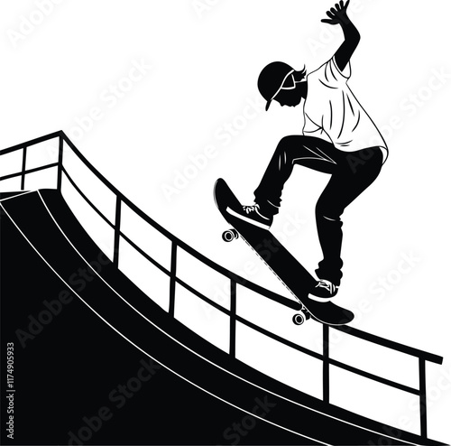 A skateboarder performing a trick on a ramp vector, A skateboarder performing a trick on a ramp silhouette vector illustration, A skateboarder performing a trick on a ramp line art