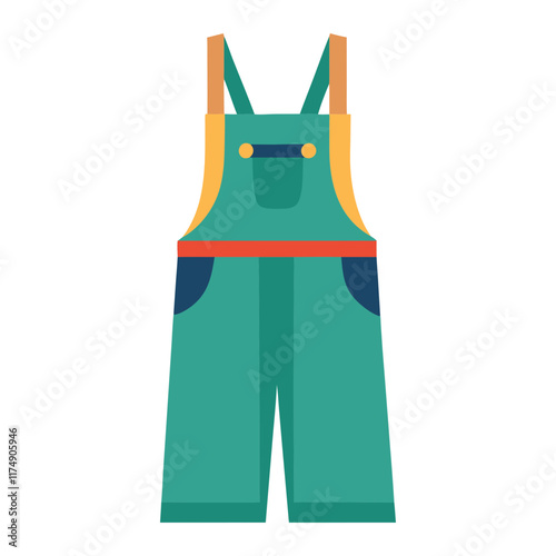 Teal overalls with yellow straps and red belt-Flat vector illustration of teal overalls featuring yellow straps, blue pockets, a red belt, and decorative buttons for a playful and colorful design.
