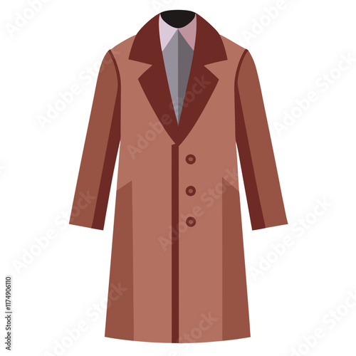 Brown overcoat with dark brown lapels-Flat vector illustration of a brown overcoat featuring dark brown lapels, a three-button design, and front pockets for a classic and refined look.

